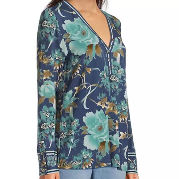 Johnny Was Janie Favorite Henley Peonee Long Blue Tee Floral Shirt Top Small NEW - Picture 7 of 10